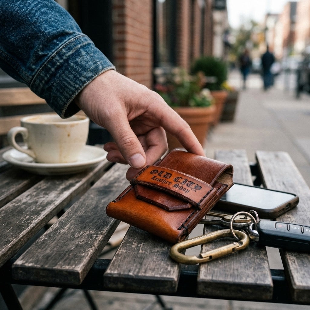 Sunburst handstitched minimalist leather wallet